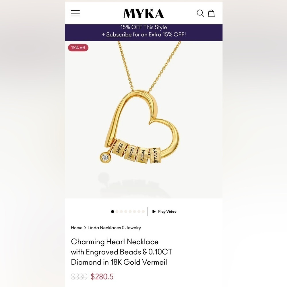 MYKA Charming Heart Necklace w/ Engraved Beads & 0.10CT Diamond 18K Gold Vermeil